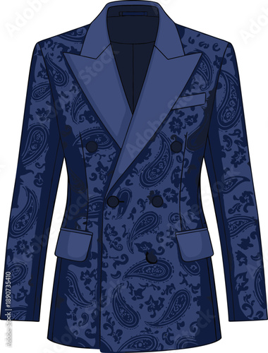 Double breasted navy blue paisley jacquard blazer vector illustration with peak lapels and flap pockets for formal men fashion design.