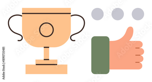 Motivation, feedback, recognition, approval, goal setting, achievement. Trophy cup, thumbs-up gesture rating dots. Motivation and feedback concept with symbols of approval and success