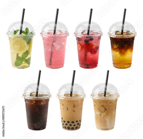 Drinks in plastic cups isolated on a transparent background
