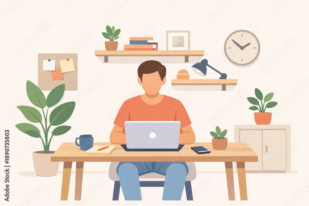 Fototapeta premium Freelancer Working from Home on Laptop – Cozy Home Office Illustration
