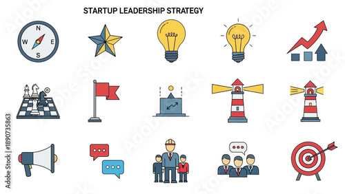Startup Leadership Strategy Business Icons Collection.
