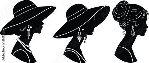 Elegant Woman Silhouette Set with Wide Brim Hats Jewelry and Bun Hairstyle Vector Icons for Fashion Beauty and Luxury Branding