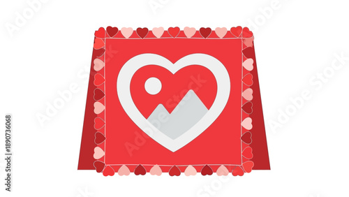 Heart Frame with Mountain Landscape Icon on Red Background - Valentine's Day Concept