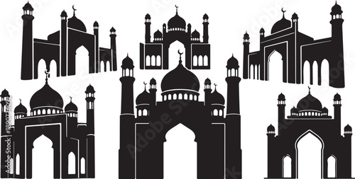Silhouette of Mosques and Islamic Architecture in Black Color