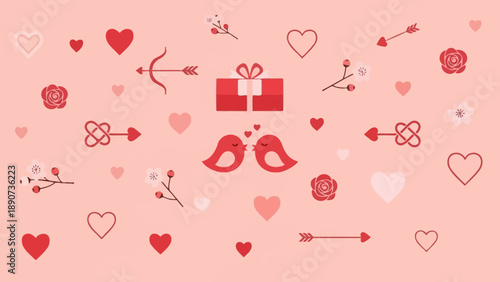 Valentine's Day illustration: Love birds, hearts, gift, bow and arrow, flowers