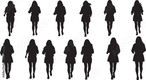Silhouettes of women walking in various poses and outfits