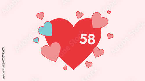 Red Heart with Number 58 Surrounded by Pink and Blue Hearts