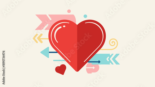 Red Heart with Arrows and Swirls - Love Concept, Valentine's Day Illustration