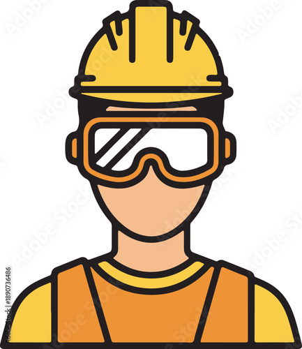 Construction Worker with Safety Goggles Flat Vector for Eye Protection, industrial safety posters, workplace training manuals, and construction health and safety.