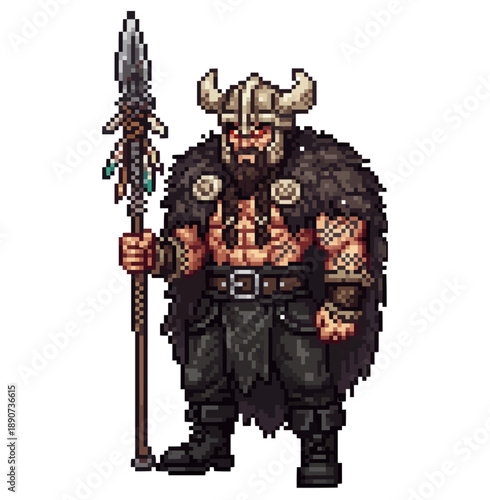 pixel art barbarian chieftain character designed for boss enemies, strategy games, rpg stories, and fantasy worlds