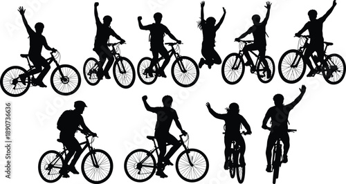 Group Silhouette of Mountain Bikers Celebrating and Riding Bicycles Outdoors Set for Active Lifestyle Sports Recreation and Adventure Vector Illustration