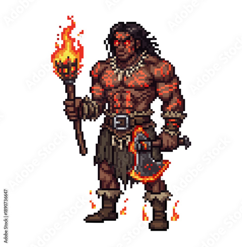 pixel art barbarian fire ritual character designed for elemental enemies, fantasy battles, and magic combat