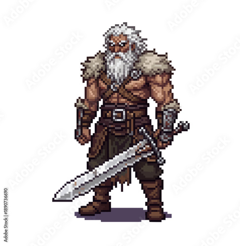 pixel art old barbarian veteran character asset for tank heroes, mentors, and story driven rpgs