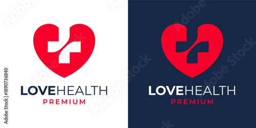 Love Heart Logo Plus Cross Icon Symbol Design Vector Template. Health Care Medical Center Clinic Logo.