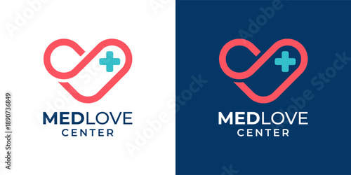 Heart and Plus Cross Logo Design Icon Symbol. Love Health Care Logo Vector Template. Line Medical Health Clinic Logos.