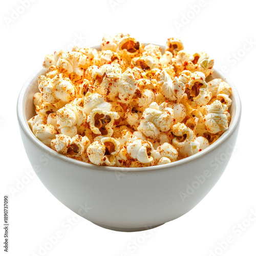 A bowl of popcorn topped with spicy chili powder for an extra kick. full length isolate on transparent background