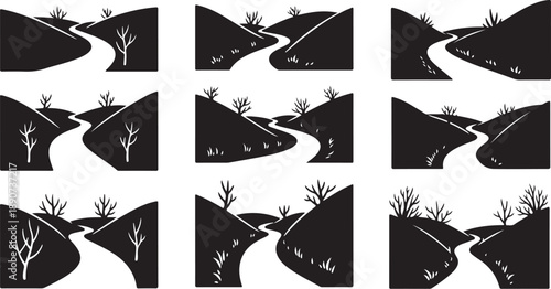 Black and White Mountain River Landscape Collage Illustration