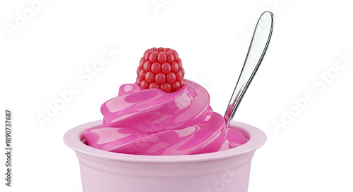 Pink raspberry soft serve ice cream in a cup with a spoon