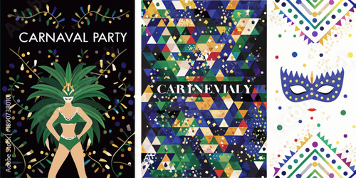 Colorful carnival designs featuring masks dancers and vibrant geometric patterns
