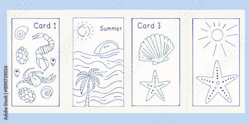 Four illustrated cards depicting marine life and summer themed drawings