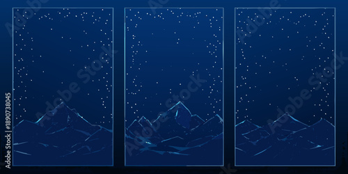 A triptych depicting a night landscape with mountains and a starry sky