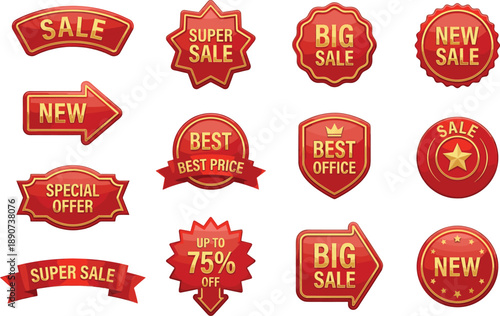 Collection of red sale badges, discount stickers and promotional labels with glitch effect, retail offer tags, price reduction symbols, marketing icons isolated on white background