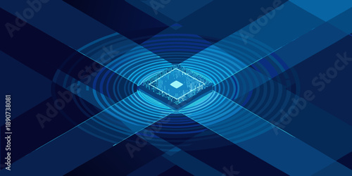 Abstract geometric design featuring concentric circles and diamond shapes in blue tones