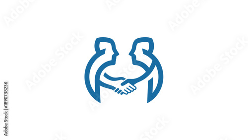 Abstract blue handshake between two stylized human figures representing agreement.