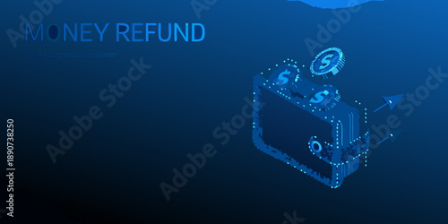 Money refund concept with digital wallet and flowing currency particles