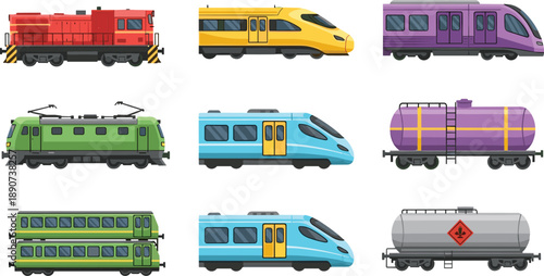 Set of diverse train icons including freight locomotives passenger high speed rail cars subway metro wagons and industrial liquid tank tankers