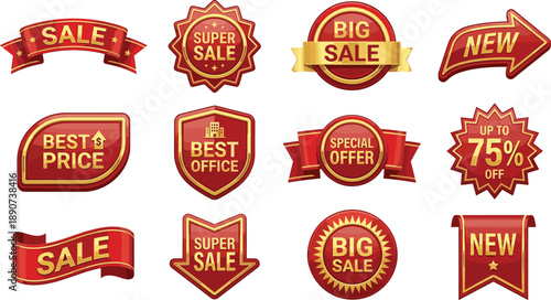 Set of red and blue promotional sale badges with metallic effects for marketing, advertising, discount offers, new arrivals, and special price campaigns