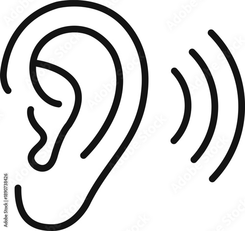 Ear icon with sound waves for hearing aid and audio accessibility. Minimalist listening symbol for sound settings, music, and ENT medical concepts.