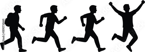 Silhouette sequence of person walking, running, and jumping with backpack, symbolizing progress, achievement, motivation, success, and personal growth in active lifestyle concept