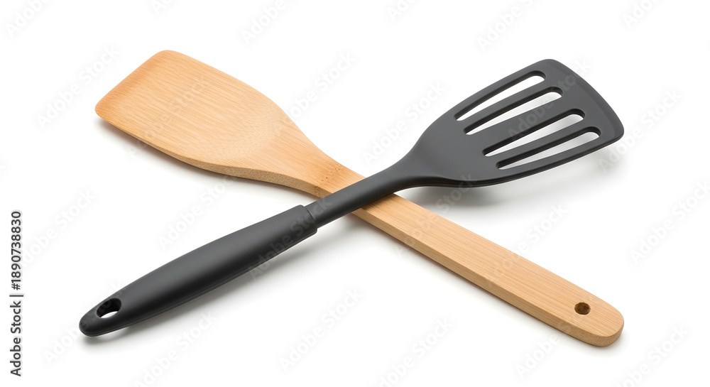 Naklejka premium Essential kitchen utensils, featuring a wooden spatula and a black non-stick flipper crossed over each other on a white background