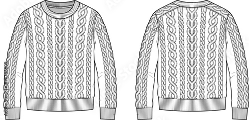 Technical fashion sketch of cable knit sweater with front and back views, ribbed neckline, cuffs, hem, and detailed vertical pattern for garment design