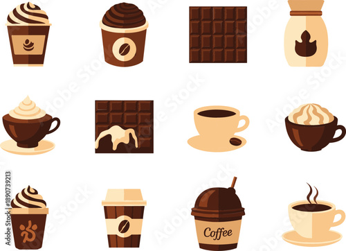 Coffee and chocolate dessert vector icons set with cups bars sweets cafe drinks illustrationCoffee and chocolate dessert vector icons set with cups bars sweets cafe drinks illustration