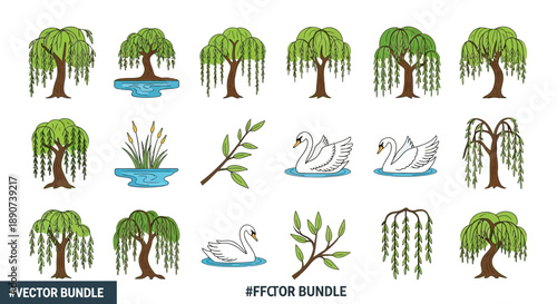 Vector Illustration Bundle Featuring Willow Trees, Swans, and Aquatic Plants for Nature Designs