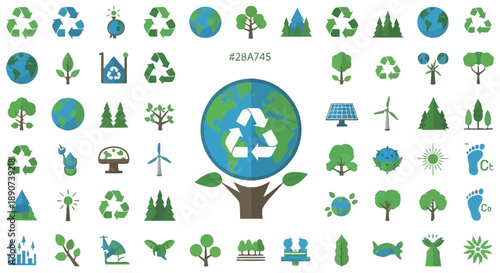 Vector icons representing environmental protection, nature conservation, and sustainable