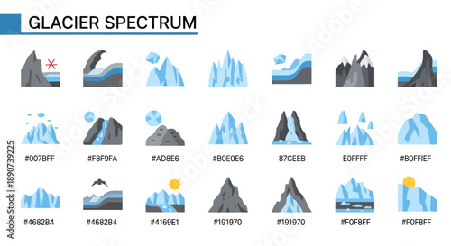 Vector illustration depicting a glacier spectrum with a variety of mountain views