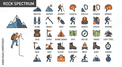 Vector Illustration Collection of Rock Climbing and Mountaineering Equipment Icons