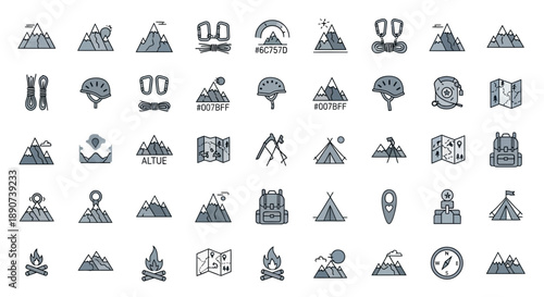 Vector illustration of different climbing and mountaineering equipment and landscape elements for