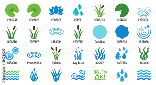 Vector illustration of nature elements with water lily reeds water drops and ripple