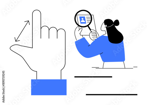 Identification concept. Illustration shows user identification with hand gesture and magnifying glass focusing on personal profile data. Identification for security, technology, data analysis, UX
