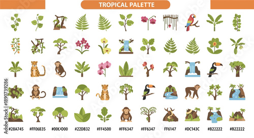Vibrant Tropical Icon Set: A Diverse Palette of Nature and Wildlife Depictions