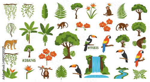 Vibrant Tropical Paradise: A Collection of Lush Flora and Exotic Fauna Illustrations