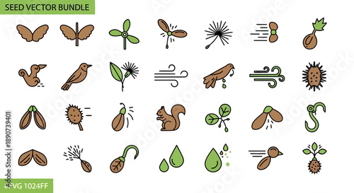 Diverse seed dispersal mechanisms depicted in a comprehensive vector icon collection