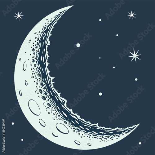 Frosted 3D inflated crescent moon in an ice blue color with a cool winter inspired magic vector illustration style