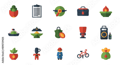 Diverse set of flat design icons featuring plants, business tools, and recreational items