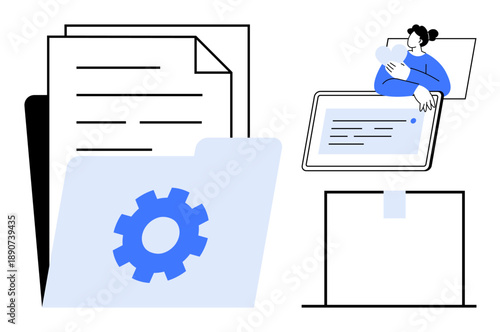 Document management concept. digital file storage, automated processing, and user interaction with documents. Document system optimization and online collaboration. For workflows, remote work, data