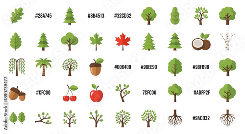 Diverse tree and plant icons with various shapes and colors for ecological representation